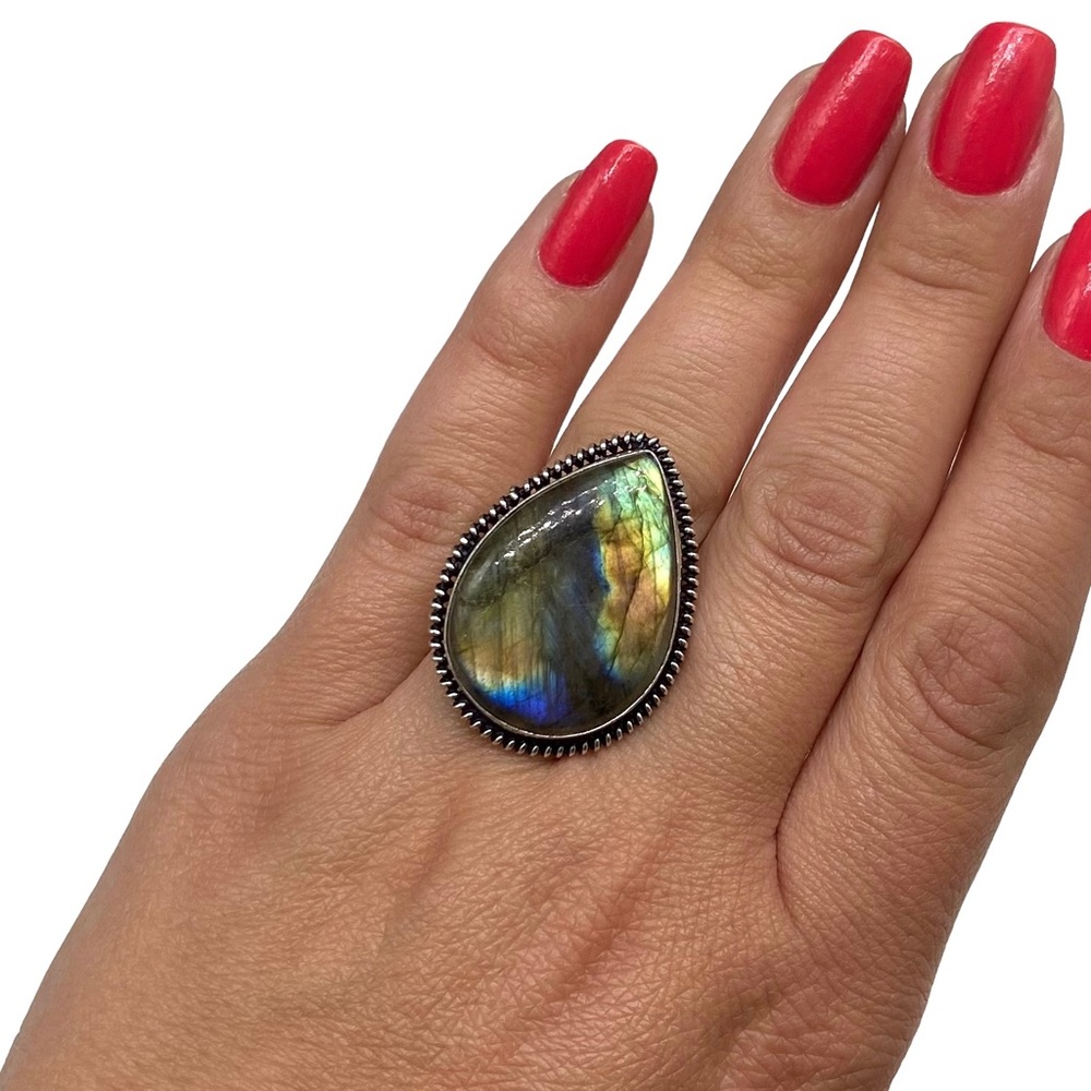 New Labradorite Teardrop Ring in 925 stamped sterling silver overlay setting